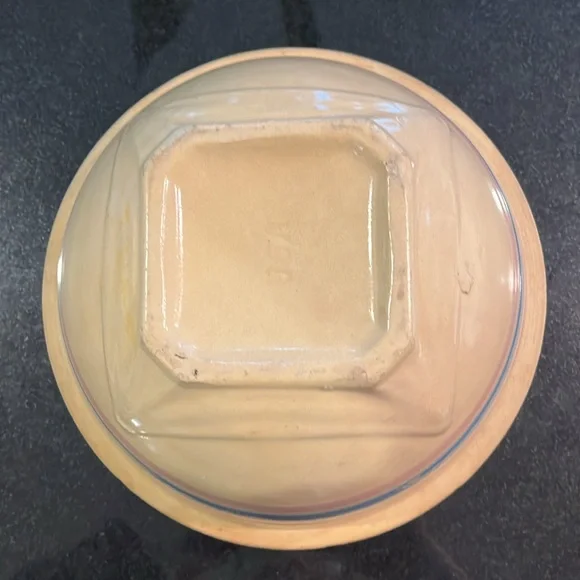 Antique (1930s) McCoy Yellow Ware Stoneware Bowl with Blue & Pink Stripes - Picture 9 of 14